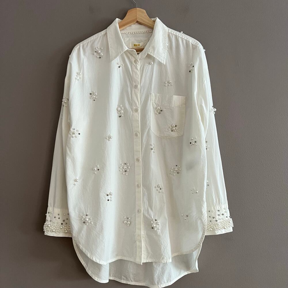 Anthropologie Maeve The Bennet Buttondown Shirt L Pearl Embellished Glam